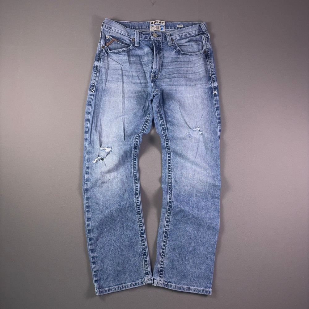 Ariat M2 Relaxed Boot Cut Jeans Mens 34x32 Light Wash Distressed Western Denim